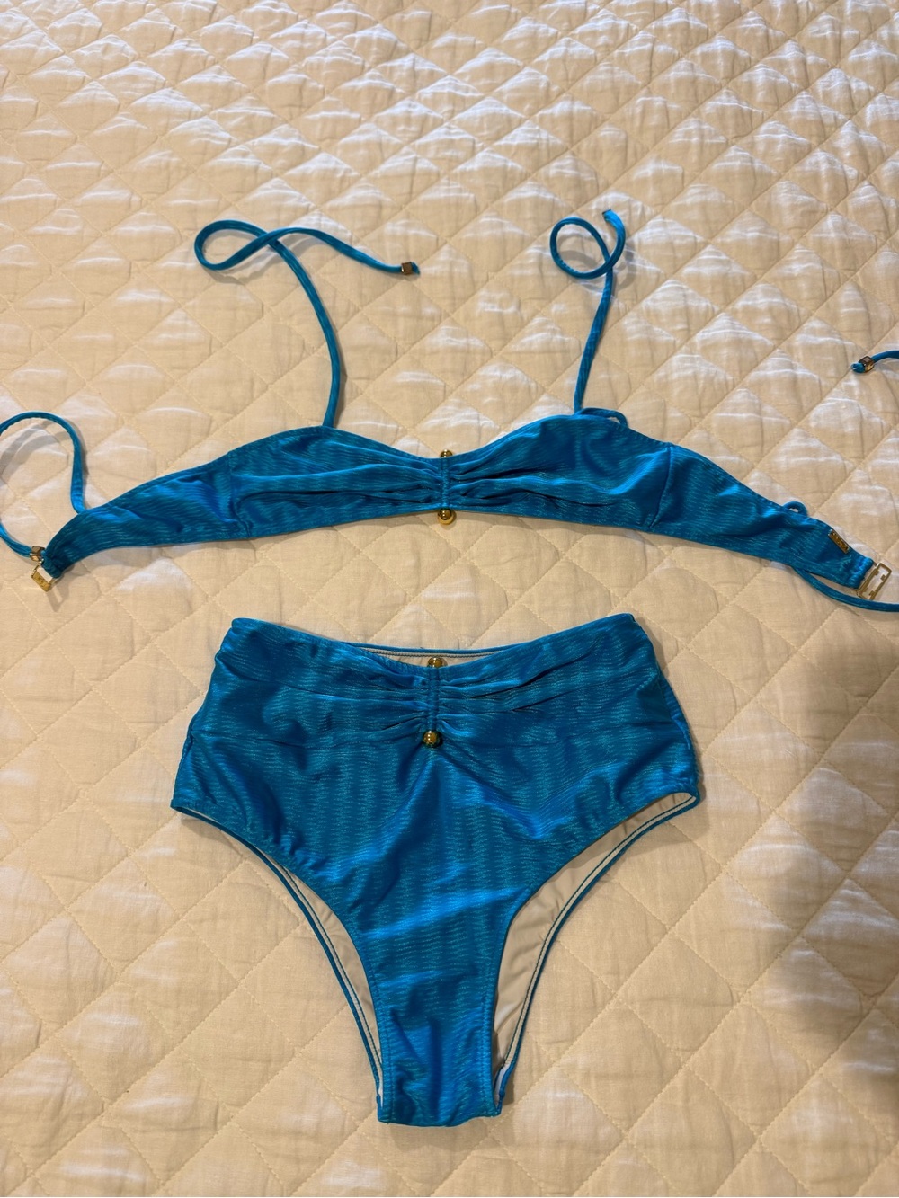 PatBO Teal-Blue High-Waist Bikini Set with Gold Accents